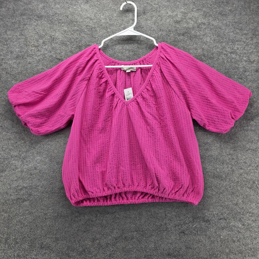 LOFT Blouse Cropped Womens S Pink Puff Sleeve V-Neck Elastic Waist Relaxed Fit